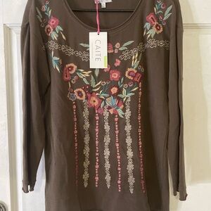 Caite Brown Floral Embroidered Women's Top